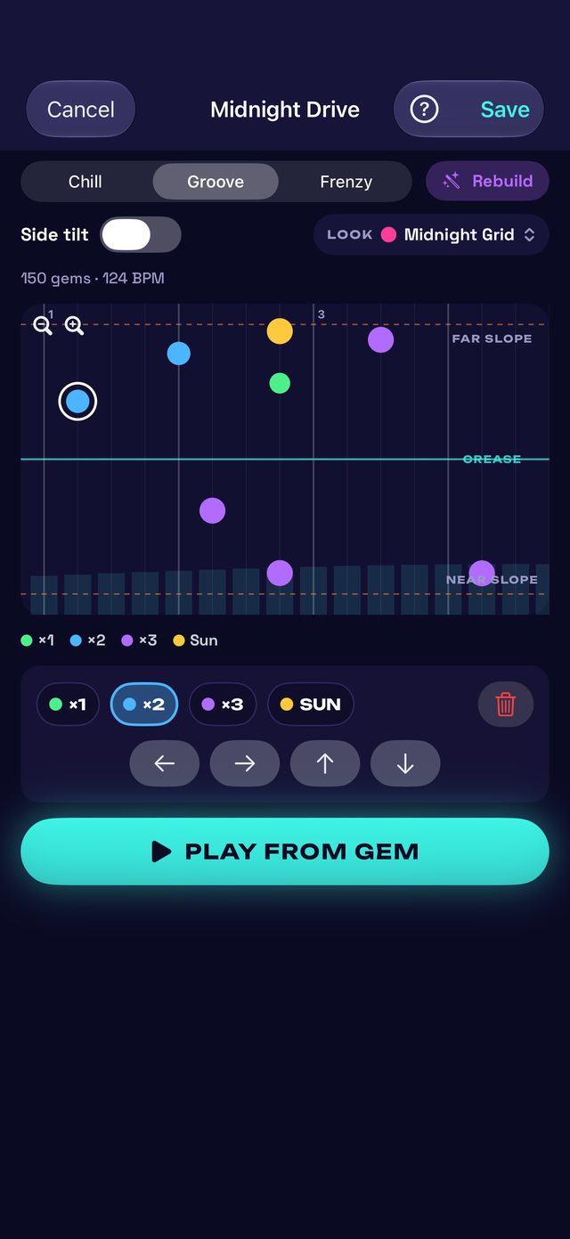 The course builder: gems placed on the song's timeline